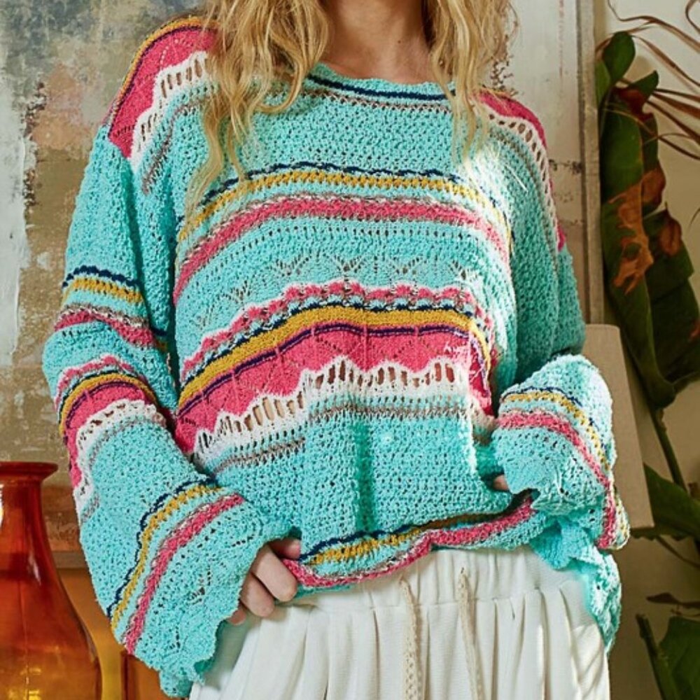 BACK IN ATOCK AQUA RASBERRY STRIPE CROCHET SWEATER by POL